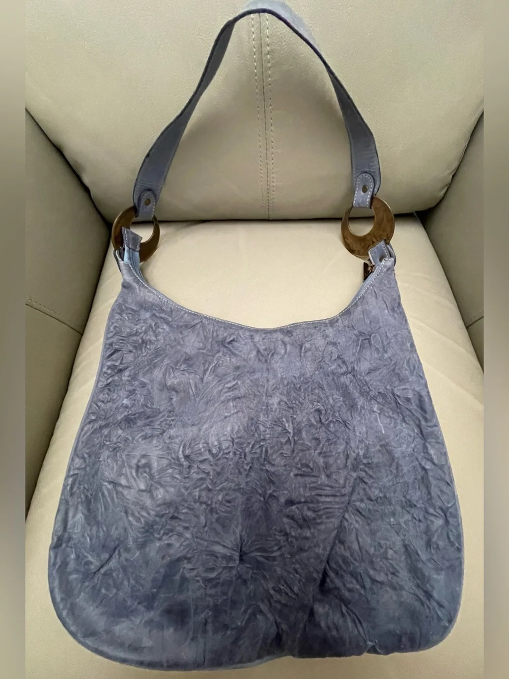 VTG Y2K LUPE Blue Distressed Argentine Cowhide Leather Hobo Bag w/Front Pockets